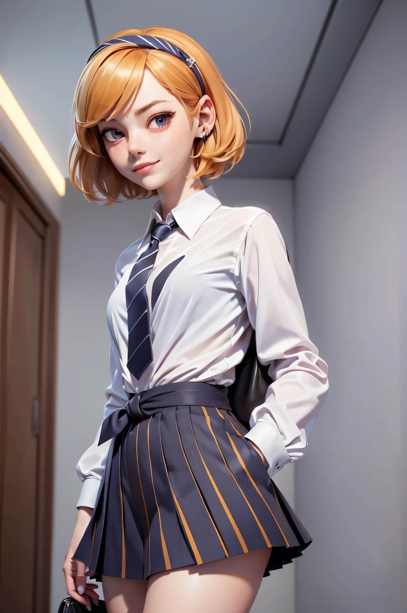 3mm4s, Emma Stone, 16 years, (One:1.1), Emma Stone, perfect face, (((night color striped headband))), (((night skirt suit))), (((pleated school miniskirt))), (((night color jacket))), (((Silk tie))), Windsor tie, (((White shirt))), cup size D, (((Night color miniskirt with 1 horizontal gold stripe))), One focus, fully dressed, elegantly dressed, smiling, careless styling, short hair, Red hair, grey eyes, beautiful detailed eyes，bright students，（very good and beautiful），（Beautiful and detailed description of the eyes), [[gentle fingers and hands:0.55]::0.85], (detail fingers), Facing the camera, (Background with：school corridor，mystical atmosphere), (Illustration, cartoon, Masterpiece, very detailed, Best quality，cinematic lighting，muted colors, detailed background, A high resolution)