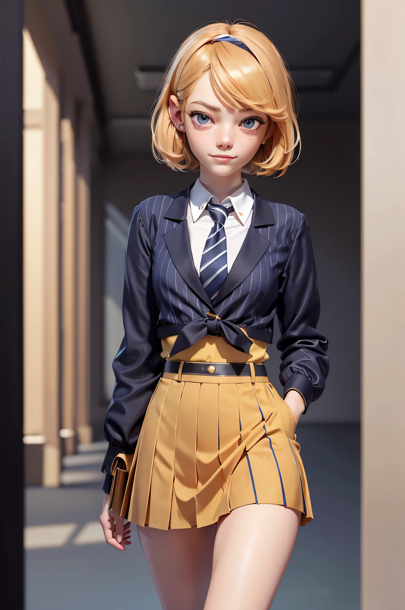 3mm4s, Emma Stone, 16 years, (One:1.1), Emma Stone, perfect face, (((night color striped headband))), (((night skirt suit))), (((pleated school miniskirt))), (((night color jacket))), (((Silk tie))), Windsor tie, (((White shirt))), cup size D, (((Night color miniskirt with 1 horizontal gold stripe))), One focus, fully dressed, elegantly dressed, smiling, careless styling, short hair, Red hair, grey eyes, beautiful detailed eyes，bright students，（very good and beautiful），（Beautiful and detailed description of the eyes), [[gentle fingers and hands:0.55]::0.85], (detail fingers), Facing the camera, (Background with：school corridor，mystical atmosphere), (Illustration, cartoon, Masterpiece, very detailed, Best quality，cinematic lighting，muted colors, detailed background, A high resolution)