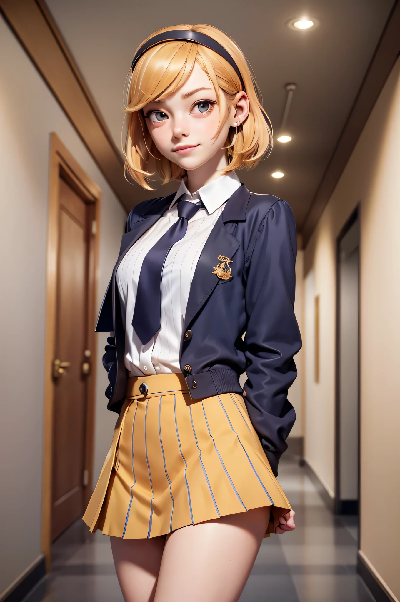 3mm4s, Emma Stone, 16 years, (One:1.1), Emma Stone, perfect face, (((night color striped headband))), (((night skirt suit))), (((pleated school miniskirt))), (((night color jacket))), (((Silk tie))), Windsor tie, (((White shirt))), cup size D, (((Night color miniskirt with 1 horizontal gold stripe))), One focus, fully dressed, elegantly dressed, smiling, careless styling, short hair, Red hair, grey eyes, beautiful detailed eyes，bright students，（very good and beautiful），（Beautiful and detailed description of the eyes), [[gentle fingers and hands:0.55]::0.85], (detail fingers), Facing the camera, (Background with：school corridor，mystical atmosphere), (Illustration, cartoon, Masterpiece, very detailed, Best quality，cinematic lighting，muted colors, detailed background, A high resolution)