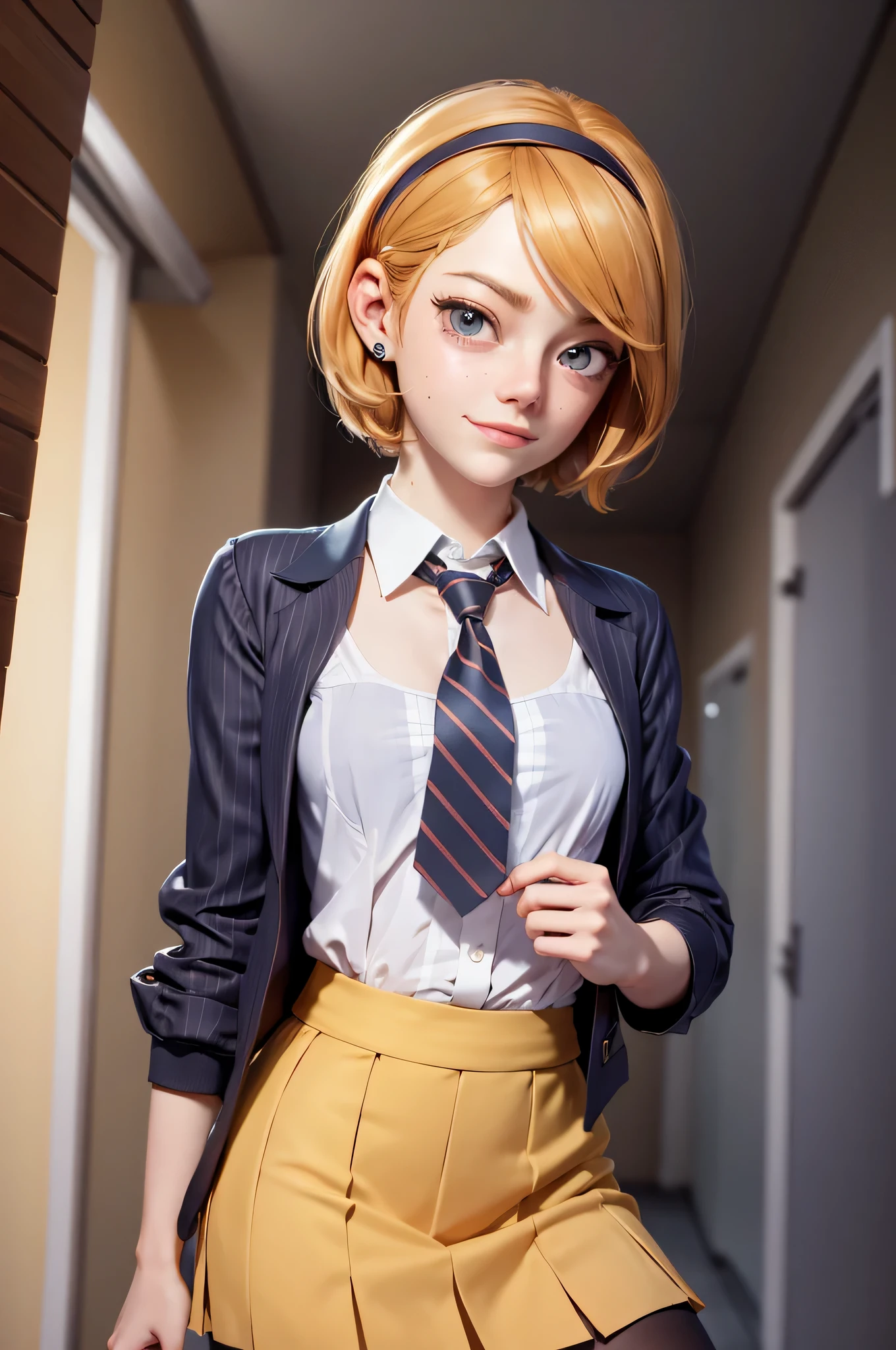 3mm4s, Emma Stone, 16 years, gynoid physics, (One:1.1), Emma Stone, perfect face, (((night color striped headband))), (((night skirt suit))), (((pleated school miniskirt))), (((night color jacket))), (((Silk tie))), Windsor tie, (((White shirt))), cup size D, (((Night color miniskirt with 1 horizontal gold stripe))), One focus, fully dressed, elegantly dressed, smiling, careless styling, short hair, Red hair, grey eyes, beautiful detailed eyes，bright students，（very good and beautiful），（Beautiful and detailed description of the eyes), [[gentle fingers and hands:0.55]::0.85], (detail fingers), Facing the camera, (Background with：school corridor，mystical atmosphere), (Illustration, cartoon, Masterpiece, very detailed, Best quality，cinematic lighting，muted colors, detailed background, A high resolution)