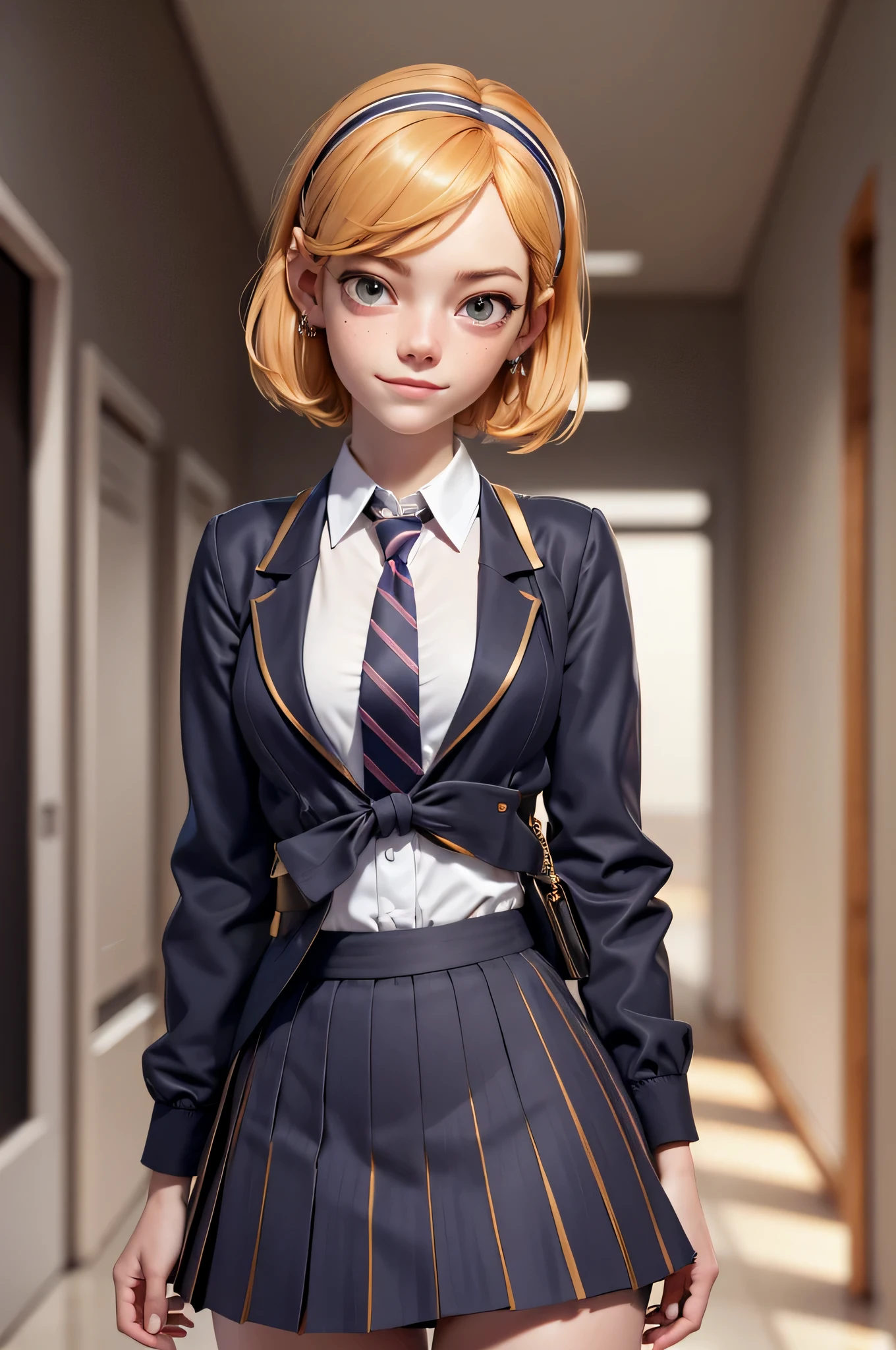 3mm4s, Emma Stone, 16 years, gynoid physics, (One:1.1), Emma Stone, perfect face, (((night color striped headband))), (((night skirt suit))), (((pleated school miniskirt))), (((night color jacket))), (((Silk tie))), Windsor tie, (((White shirt))), cup size D, (((Night color miniskirt with 1 horizontal gold stripe))), One focus, fully dressed, elegantly dressed, smiling, careless styling, short hair, Red hair, grey eyes, beautiful detailed eyes，bright students，（very good and beautiful），（Beautiful and detailed description of the eyes), [[gentle fingers and hands:0.55]::0.85], (detail fingers), Facing the camera, (Background with：school corridor，mystical atmosphere), (Illustration, cartoon, Masterpiece, very detailed, Best quality，cinematic lighting，muted colors, detailed background, A high resolution)