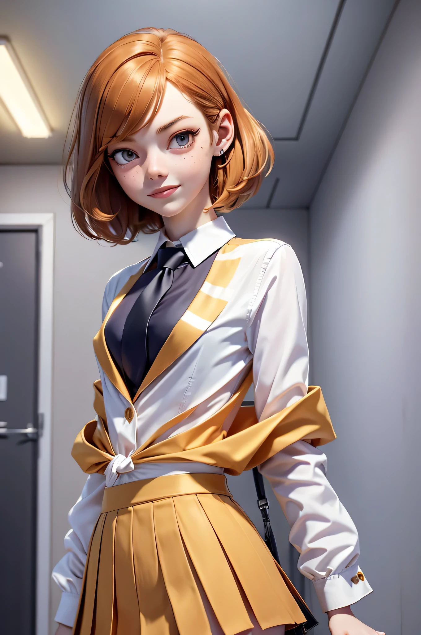 3mm4s, Emma Stone, 16 years, gynoid physics, (One:1.1), Emma Stone, perfect face, (((night skirt suit))), (((pleated school miniskirt))), (((night color jacket))), (((Silk tie))), Windsor tie, (((White shirt))), cup size D, (((Night color miniskirt with 1 horizontal gold stripe))), One focus, fully dressed, elegantly dressed, smiling, careless styling, short hair, Red hair, headband, grey eyes, beautiful detailed eyes，bright students，（very good and beautiful），（Beautiful and detailed description of the eyes), [[gentle fingers and hands:0.55]::0.85], (detail fingers), Facing the camera, (Background with：school corridor，mystical atmosphere), (Illustration, cartoon, Masterpiece, very detailed, Best quality，cinematic lighting，muted colors, detailed background, A high resolution)