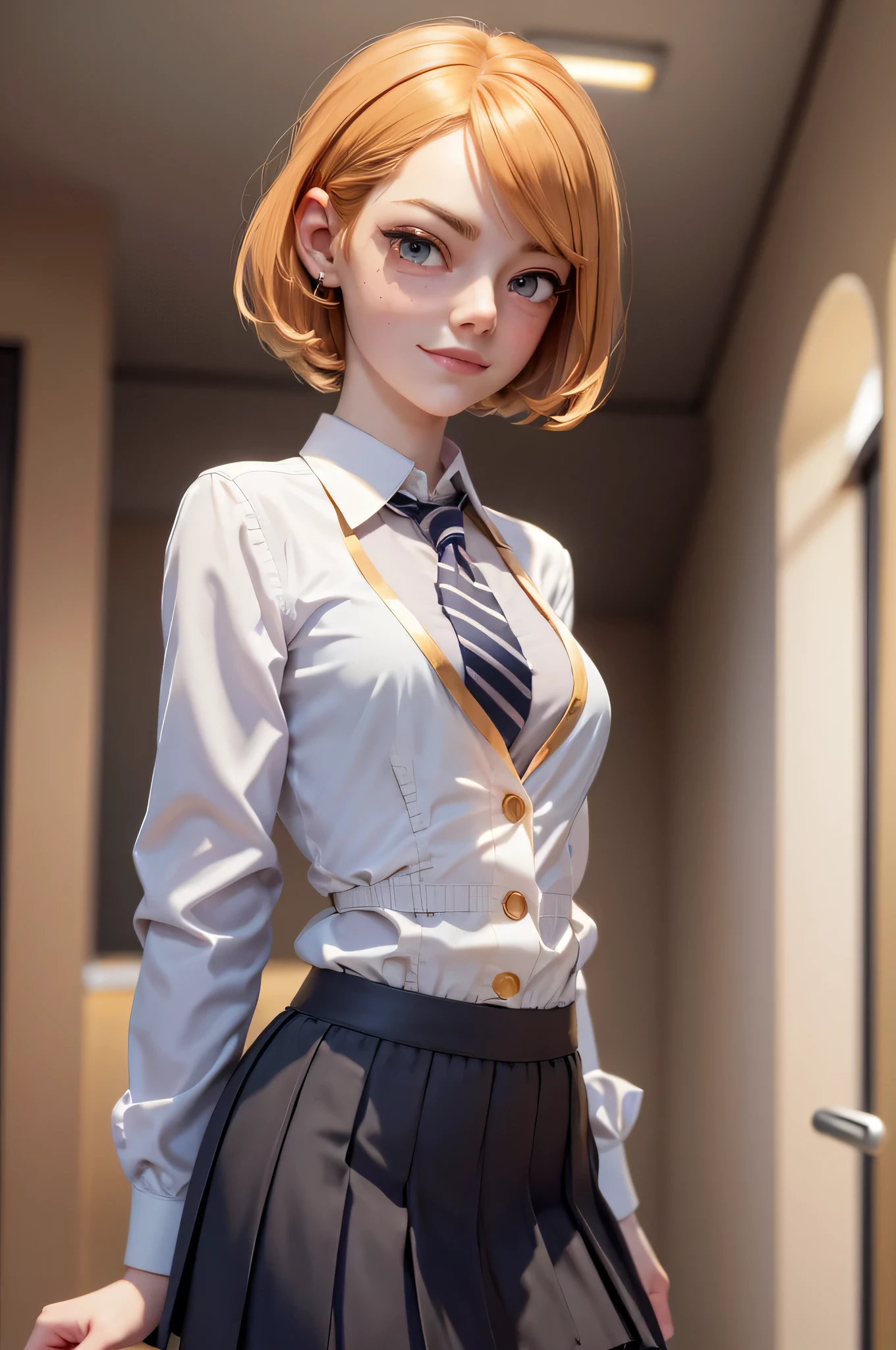 3mm4s, Emma Stone, 16 years, gynoid physics, (One:1.1), Emma Stone, perfect face, (((night skirt suit))), (((pleated school miniskirt))), (((night color jacket))), (((Silk tie))), Windsor tie, (((White shirt))), cup size D, (((Night color miniskirt with 1 horizontal gold stripe))), One focus, fully dressed, elegantly dressed, smiling, careless styling, short hair, Red hair, headband, grey eyes, beautiful detailed eyes，bright students，（very good and beautiful），（Beautiful and detailed description of the eyes), [[gentle fingers and hands:0.55]::0.85], (detail fingers), Facing the camera, (Background with：school corridor，mystical atmosphere), (Illustration, cartoon, Masterpiece, very detailed, Best quality，cinematic lighting，muted colors, detailed background, A high resolution)