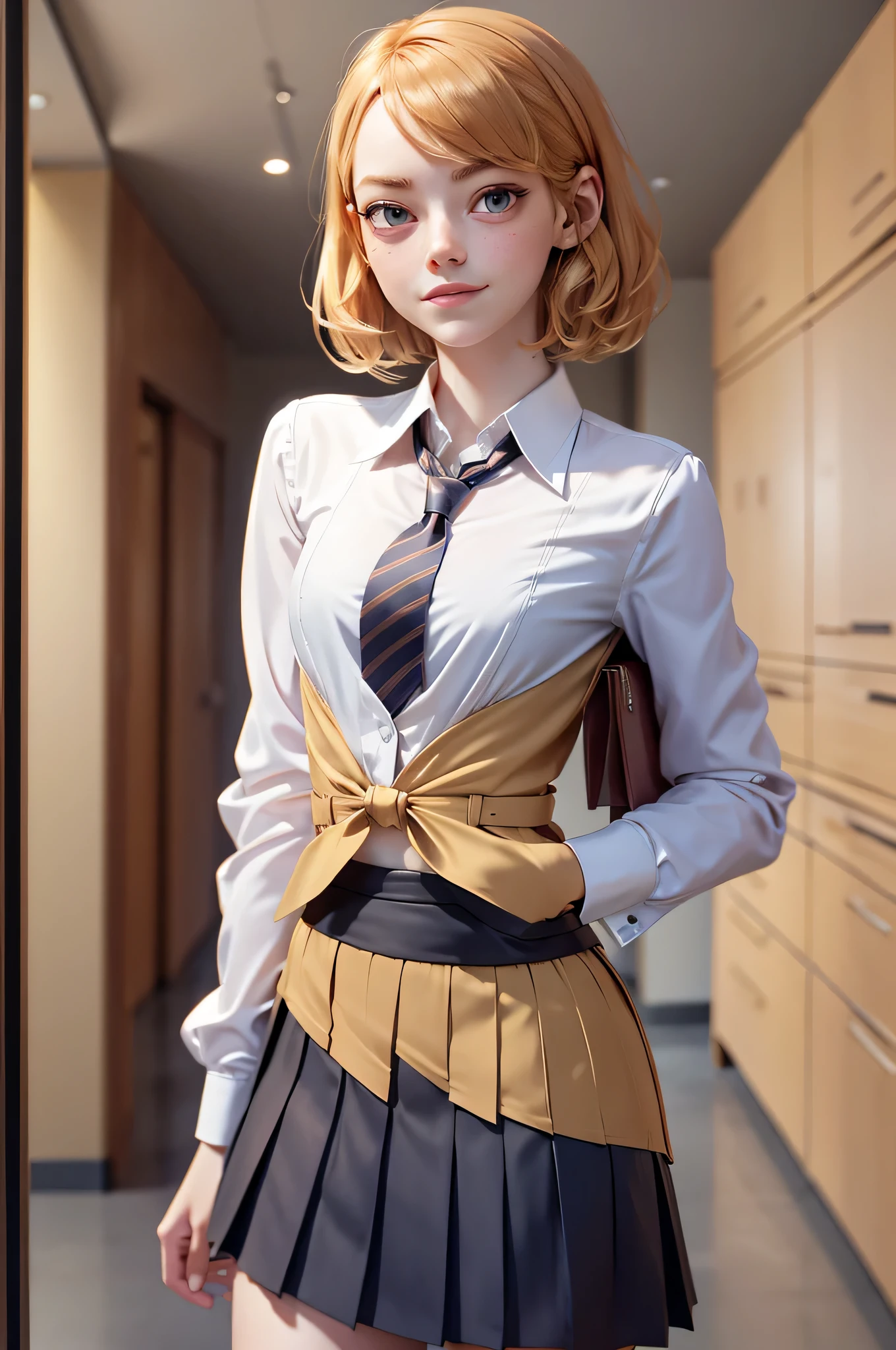 3mm4s, Emma Stone, 16 years, gynoid physics, (One:1.1), Emma Stone, perfect face, (((night skirt suit))), (((pleated school miniskirt))), (((night color jacket))), (((Silk tie))), Windsor tie, (((White shirt))), cup size D, (((Night color miniskirt with 1 horizontal gold stripe))), One focus, fully dressed, elegantly dressed, smiling, careless styling, short hair, Red hair, headband, grey eyes, beautiful detailed eyes，bright students，（very good and beautiful），（Beautiful and detailed description of the eyes), [[gentle fingers and hands:0.55]::0.85], (detail fingers), Facing the camera, (Background with：school corridor，mystical atmosphere), (Illustration, cartoon, Masterpiece, very detailed, Best quality，cinematic lighting，muted colors, detailed background, A high resolution)