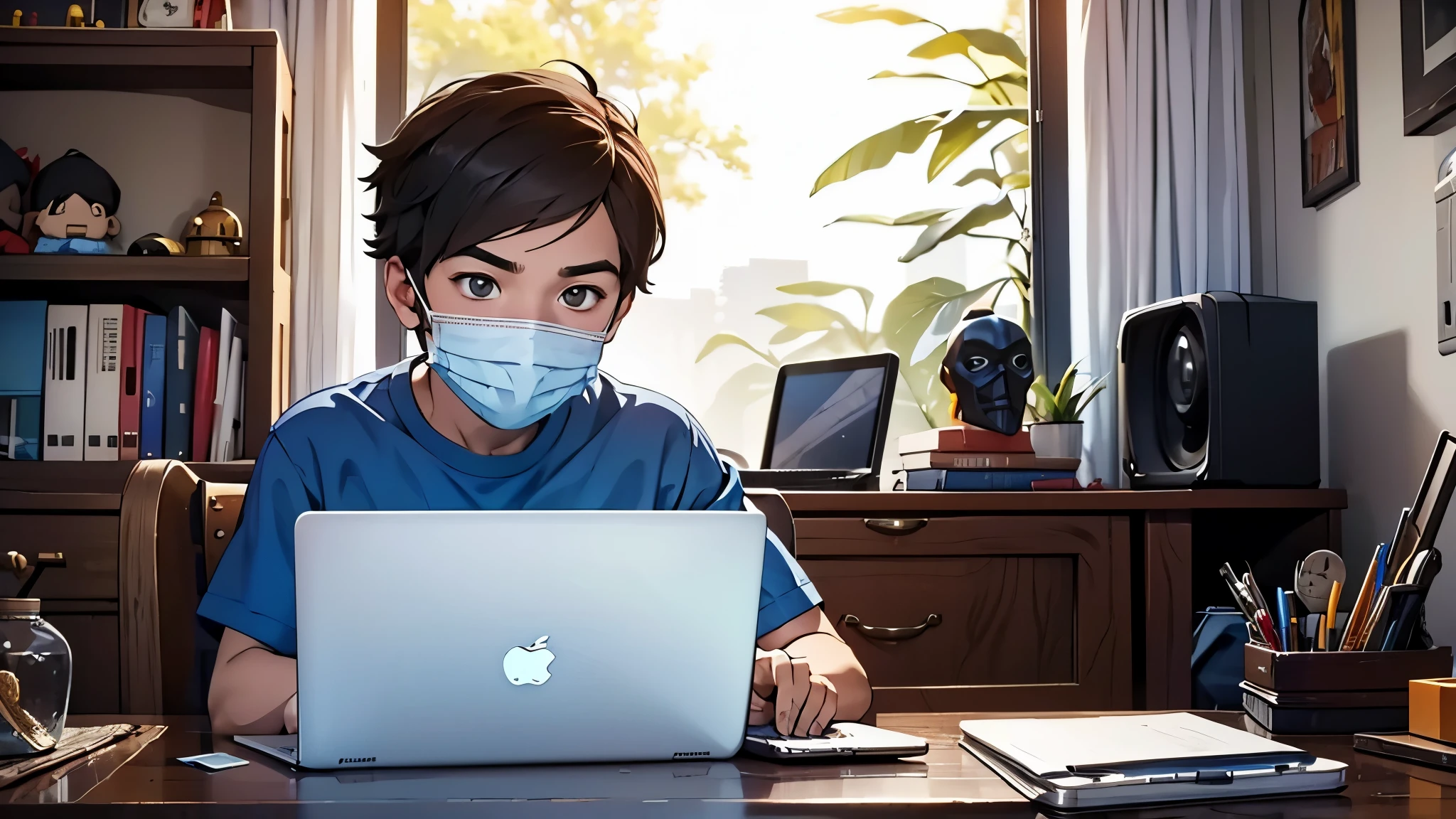 A boy with mask sitting in his studio with a table in front of him with laptop looking at the camera in his room 