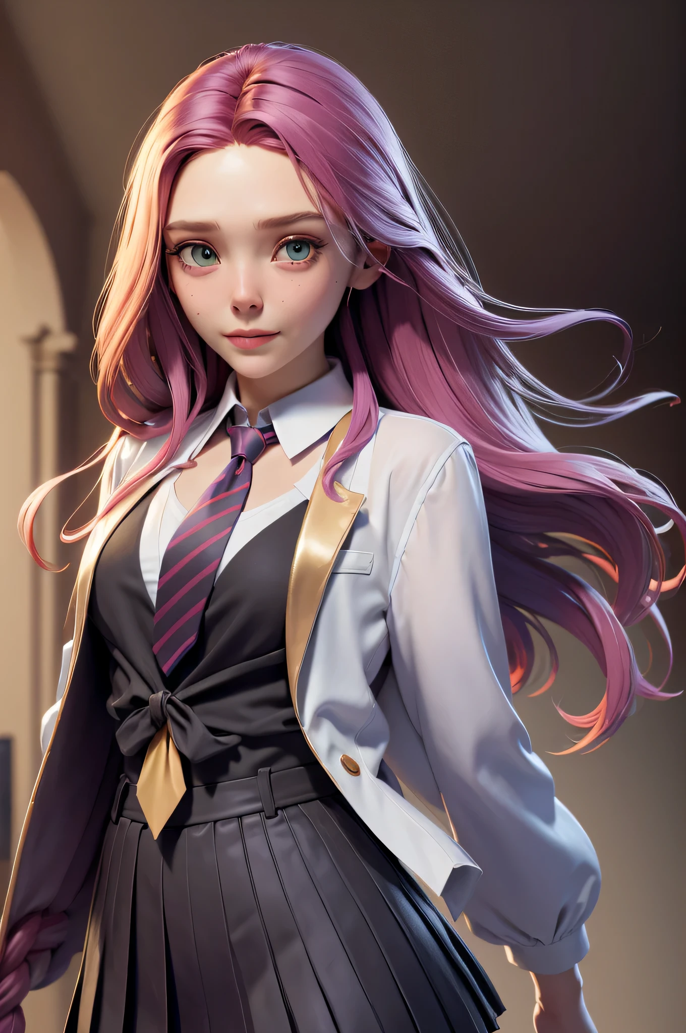 l1z0l, Elizabeth Olsen, 16 years, gynoid physics, (One:1.1), Elizabeth Olsen, perfect face, (((night skirt suit))), (((pleated school miniskirt))), (((night color jacket))), (((Silk tie))), Windsor tie, (((White shirt))), cup size four, (((Night color miniskirt with 1 horizontal gold stripe))), One focus, fully dressed, elegantly dressed, smiling, careless styling, shoulder length hair, 1 full braid, Red hair, Green eyes, beautiful detailed eyes，bright students，（very good and beautiful），（Beautiful and detailed description of the eyes), [[gentle fingers and hands:0.55]::0.85], (detail fingers), Facing the camera, (Background with：school corridor，mystical atmosphere), (Illustration, cartoon, Masterpiece, very detailed, Best quality，cinematic lighting，muted colors, detailed background, A high resolution)