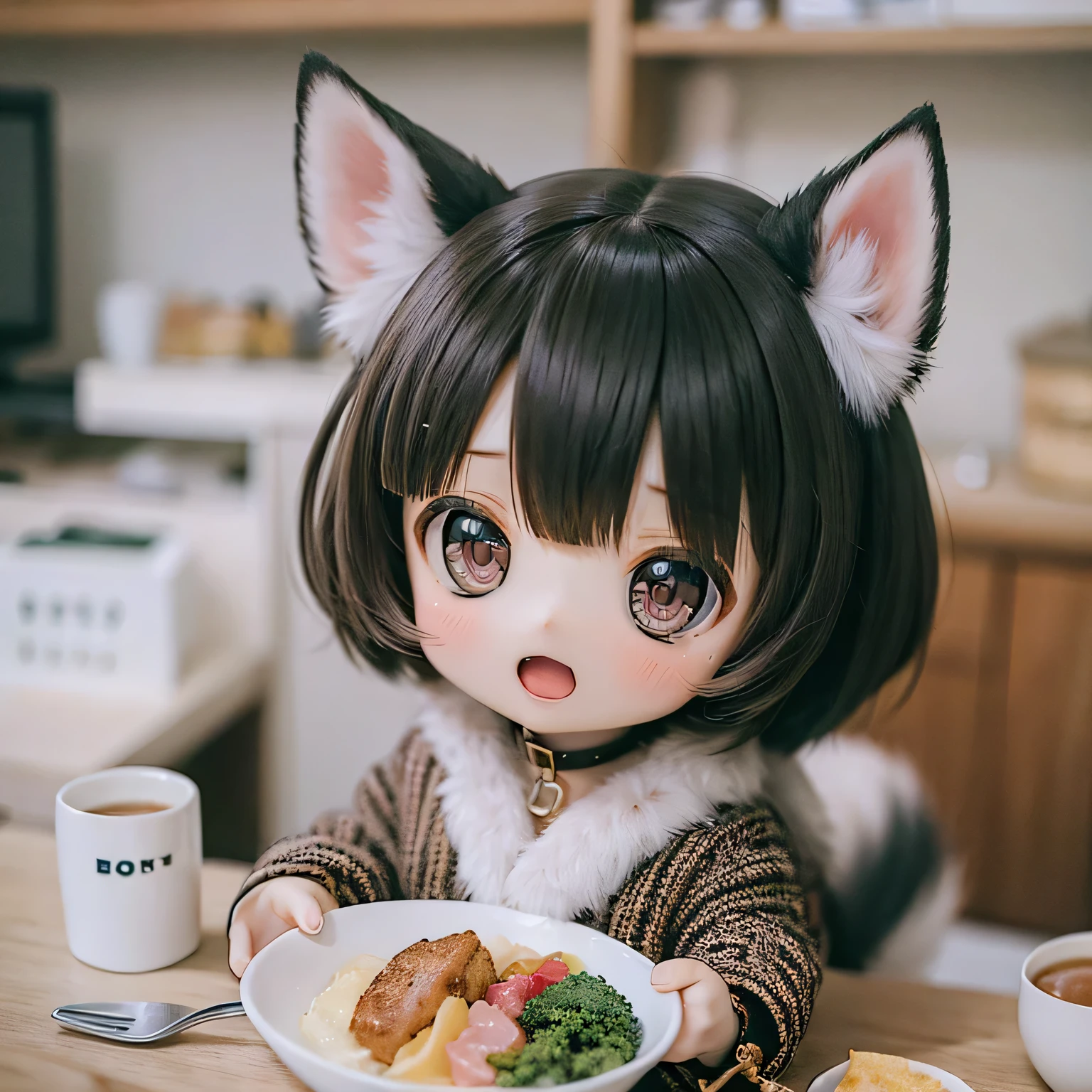 Anime doll with a plate of food and a cup of coffee - SeaArt AI