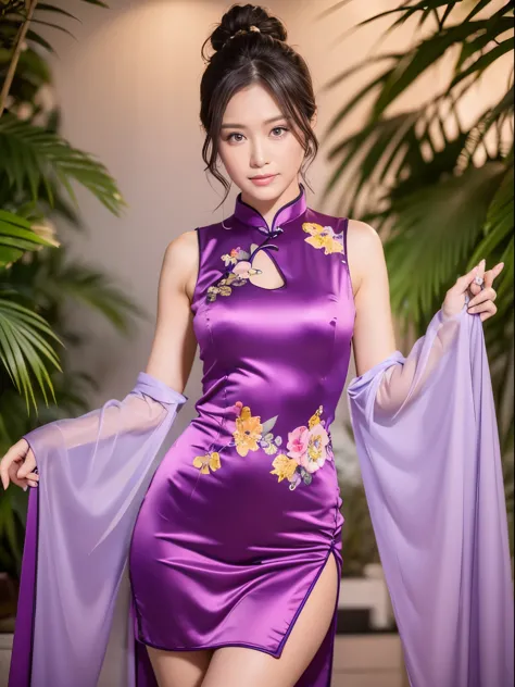((highest quality, 8k, masterpiece: 1.3)), concentrated: 1.2, wearing a purple cheongsam, delicate floral print, split end, full body photo, standing posture, white wall, Highly detailed face and skin texture, fine eyes, double eyelid, whitened skin, long ...