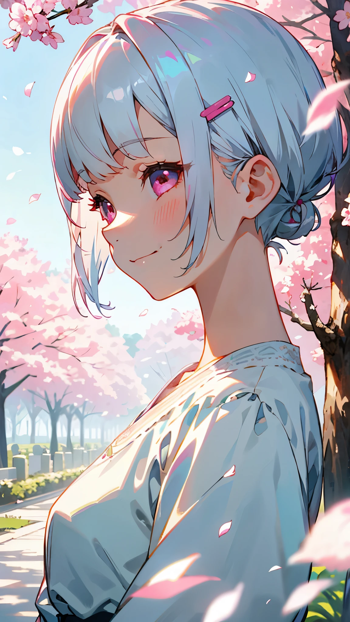 1 girl、Short hairstyles for silver hair and bob、Hair tied up in a bun with a hair clip、Shining pink round eyes、From the side、evil smile、1 beautiful delicate portrait of a girl with a soft and peaceful expression、The scenery in the background is a garden with petals flying around.。