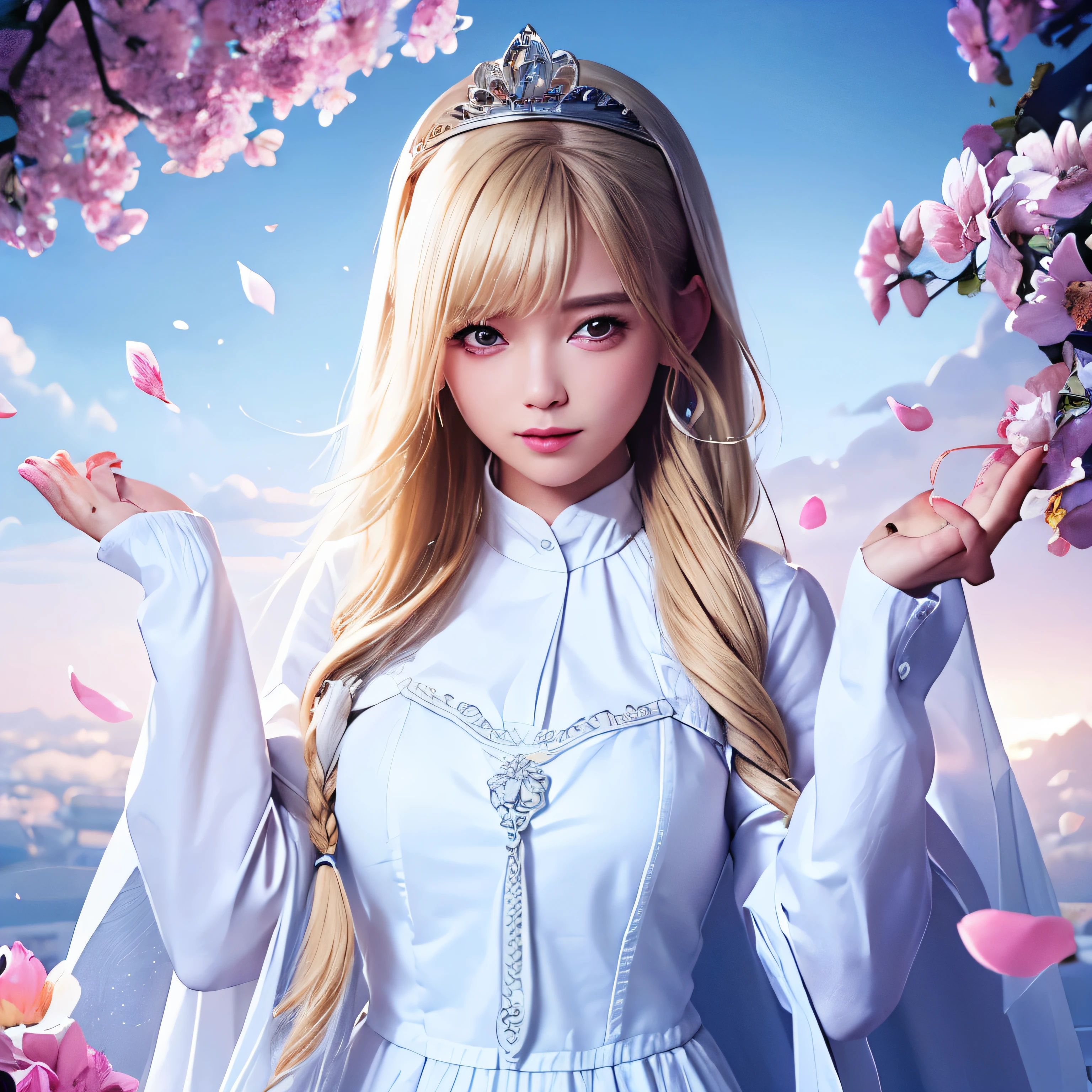 ((masterpiece)), ((highest quality)), ((Super detailed)),  (highly detailed face)、(very well-groomed face) , 1 girl, blonde hair, long hair, looking at the viewer, Princess, white Princess dress, tiara, smile, open your mouth, outdoors, flower garden, ((petal)), long sleeve, long dress, face focus, From above, white stockings, dynamic angle, dynamic pose,