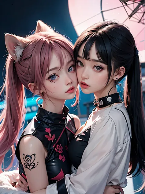 2 girls, neon red hair, moonlight eyes, fox ear, tattoo sleeves and piercings ((anime style)), harajuku-inspired hip-hop clothin...