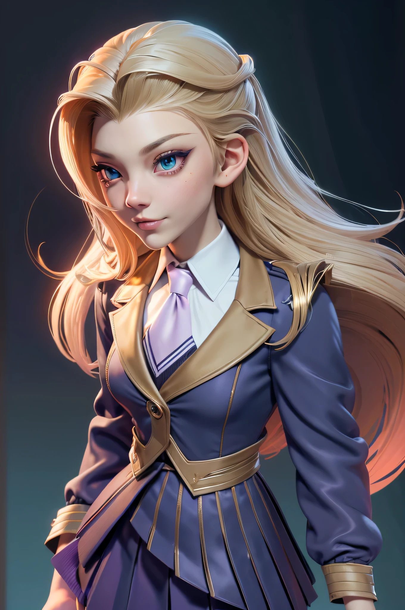 Natalie Dormer, 16 years, gynoid physics, (One:1.1), Natalie Dormer, perfect face, (((night skirt suit))), (((pleated school miniskirt))), (((night color jacket))), (((Silk tie))), Windsor tie, (((White shirt))), shirt under vest, cup size 2, (((Night color miniskirt with 1 horizontal gold stripe))), (((night color vest))), One focus, fully dressed, elegantly dressed, smiling, arrogant expression, Elegant hairstyle, strand of hair in front, hair from back to waist, blonde hair, Green eyes, beautiful detailed eyes，bright students，（very good and beautiful），（Beautiful and detailed description of the eyes), [[gentle fingers and hands:0.55]::0.85], (detail fingers), Facing the camera, (Background with：school corridor，mystical atmosphere), (Illustration, cartoon, Masterpiece, very detailed, Best quality，cinematic lighting，muted colors, detailed background, A high resolution)