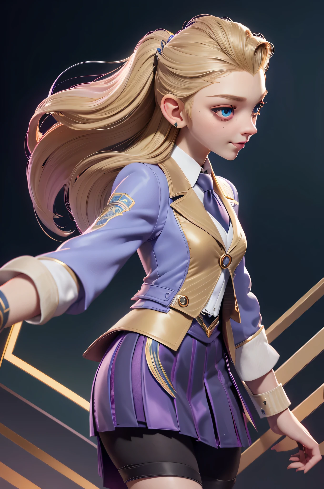 Natalie Dormer, 16 years, gynoid physics, (One:1.1), Natalie Dormer, perfect face, (((night skirt suit))), (((pleated school miniskirt))), (((night color jacket))), (((Silk tie))), Windsor tie, (((White shirt))), shirt under vest, cup size 2, (((Night color miniskirt with 1 horizontal gold stripe))), (((night color vest))), One focus, fully dressed, elegantly dressed, smiling, arrogant expression, Elegant hairstyle, strand of hair in front, hair from back to waist, blonde hair, Green eyes, beautiful detailed eyes，bright students，（very good and beautiful），（Beautiful and detailed description of the eyes), [[gentle fingers and hands:0.55]::0.85], (detail fingers), Facing the camera, (Background with：school corridor，mystical atmosphere), (Illustration, cartoon, Masterpiece, very detailed, Best quality，cinematic lighting，muted colors, detailed background, A high resolution)