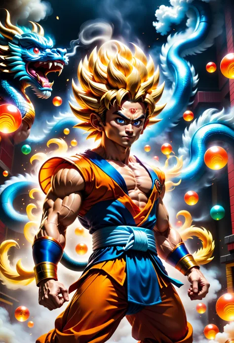 Comic show poster design，Sun Wukong (Kakarot) and《Dragon Ball》，cute，mini，small，close up，Distinctive features，muscle，effort，building blocks，LED light source，glow，high tech，New Materials，Colorful，neon，translucent，Vibrant colors，whole body，body movements，Moti...