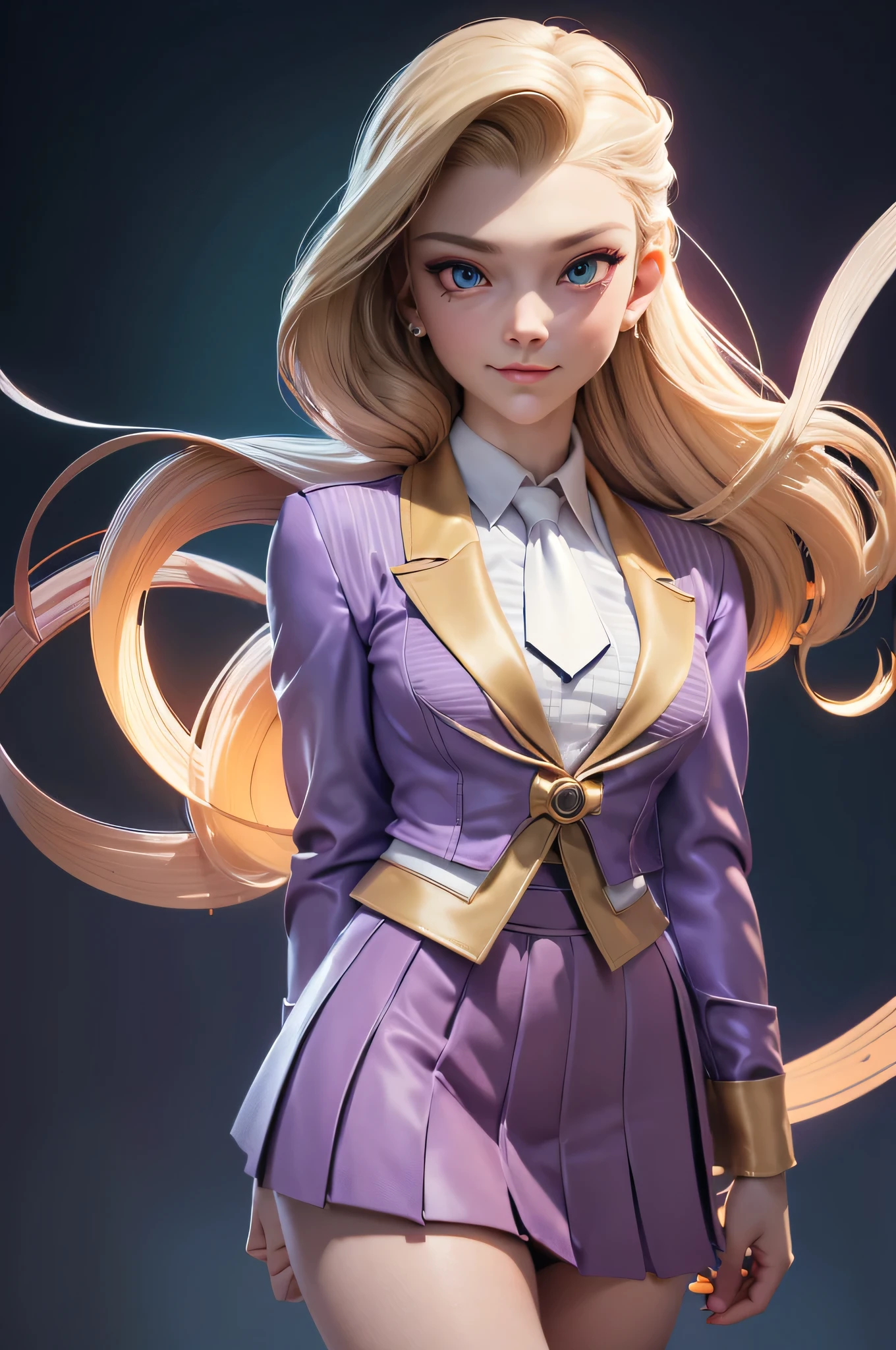 Natalie Dormer, 16 years, gynoid physics, (One:1.1), Natalie Dormer, perfect face, (((night skirt suit))), (((pleated school miniskirt))), (((night color jacket))), (((Silk tie))), Windsor tie, (((White shirt))), shirt under vest, cup size 2, (((Night color miniskirt with 1 horizontal gold stripe))), (((night color vest))), One focus, fully dressed, elegantly dressed, smiling, arrogant expression, Elegant hairstyle, strand of hair in front, hair from back to waist, blonde hair, Green eyes, beautiful detailed eyes，bright students，（very good and beautiful），（Beautiful and detailed description of the eyes), [[gentle fingers and hands:0.55]::0.85], (detail fingers), Facing the camera, (Background with：school corridor，mystical atmosphere), (Illustration, cartoon, Masterpiece, very detailed, Best quality，cinematic lighting，muted colors, detailed background, A high resolution)