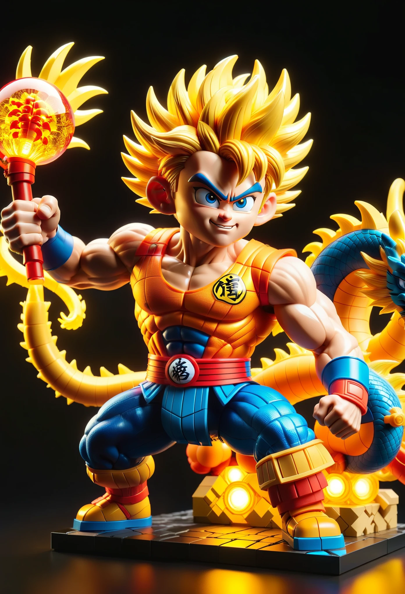 Sun Wukong (Kakarot) and《Dragon Ball》，close up，Distinctive featureuscle，fist，boxing，building blocks，LED light source，glow，high tech，New Materials，Colorful，neon，translucent
