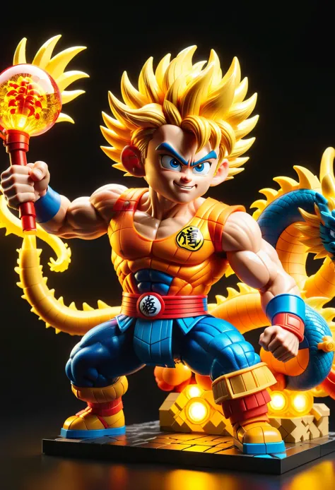 Sun Wukong (Kakarot) and《Dragon Ball》，close up，Distinctive features，muscle，fist，boxing，building blocks，LED light source，glow，high tech，New Materials，Colorful，neon，translucent

