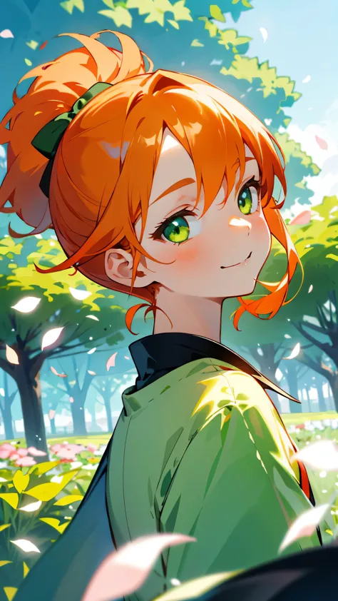 1 girl、riders jacket、orange hair、shining green eyes、side ponytail、From the side、evil smile、1 beautiful delicate portrait of a gi...