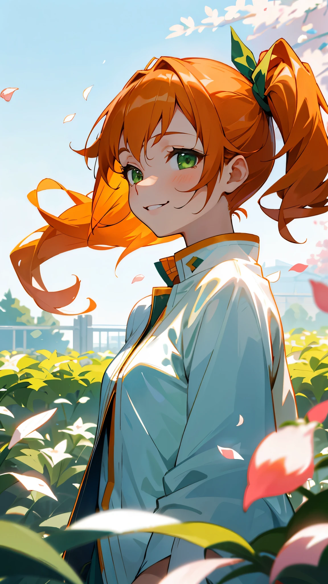 1 girl、riders jacket、small breasts、orange hair、shining green eyes、side ponytail、From the side、evil smile、1 beautiful delicate portrait of a girl with a soft and peaceful expression、The scenery in the background is a garden with petals flying around.。