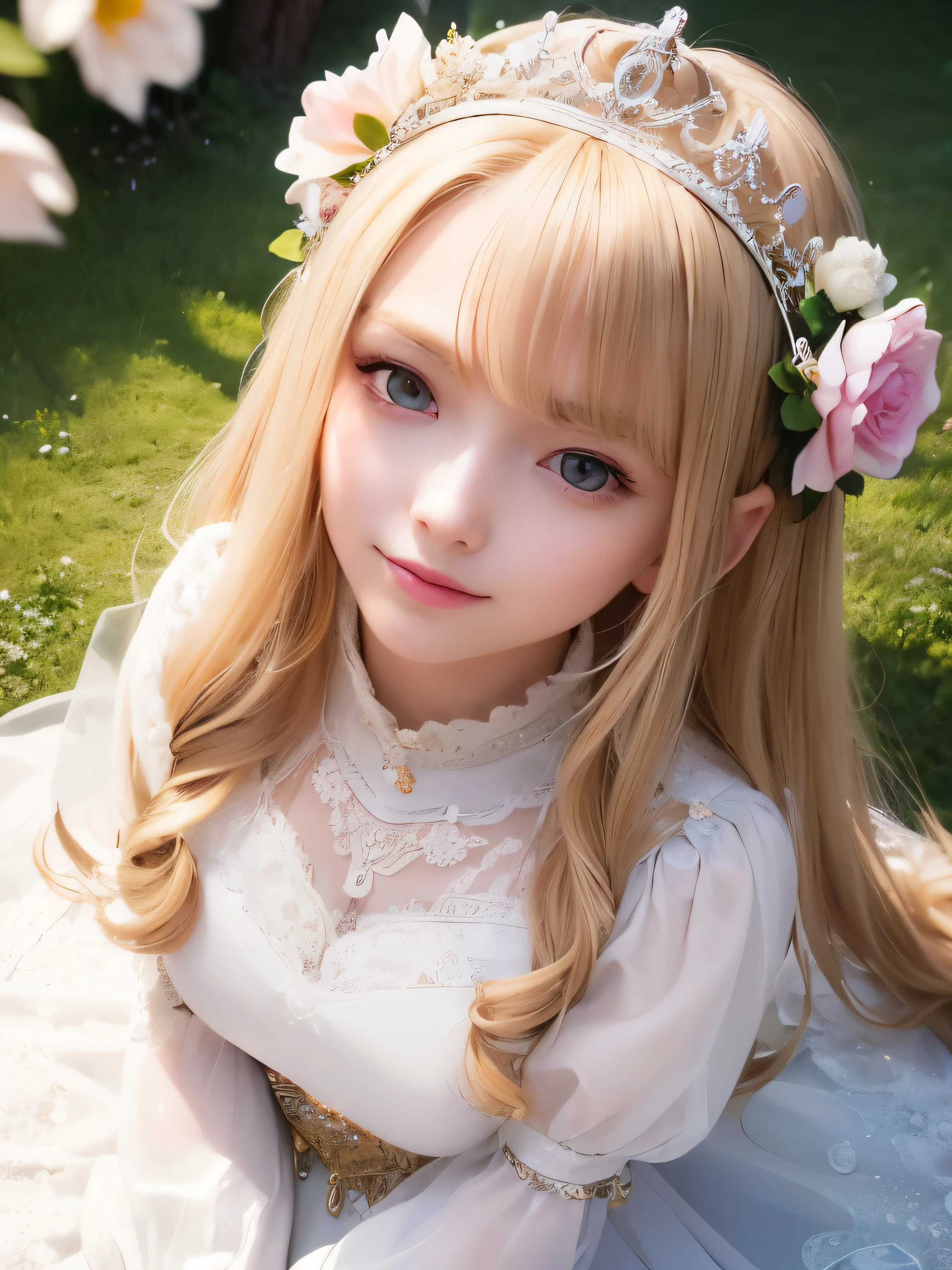 ((masterpiece)), ((highest quality)), ((Super detailed)),  (highly detailed face)、(very well-groomed face) , 1 girl, blonde hair, long hair, looking at the viewer, Princess, white Princess dress, tiara, smile, open your mouth, outdoors, flower garden, ((petal)), long sleeve, long dress, face focus, From above, white stockings, dynamic angle, dynamic pose,
