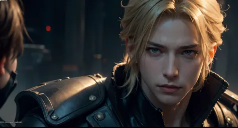 1man, (inadvertently snapshot, closer) Rufus Shinra, blond short hair, narrow his eyes, stern and handsome, Rufus, Final Fantasy VII, intricate, solo focus, realistic, dynamic pose realistic, detailed and correct facial structure, handsome, attractive, sli...