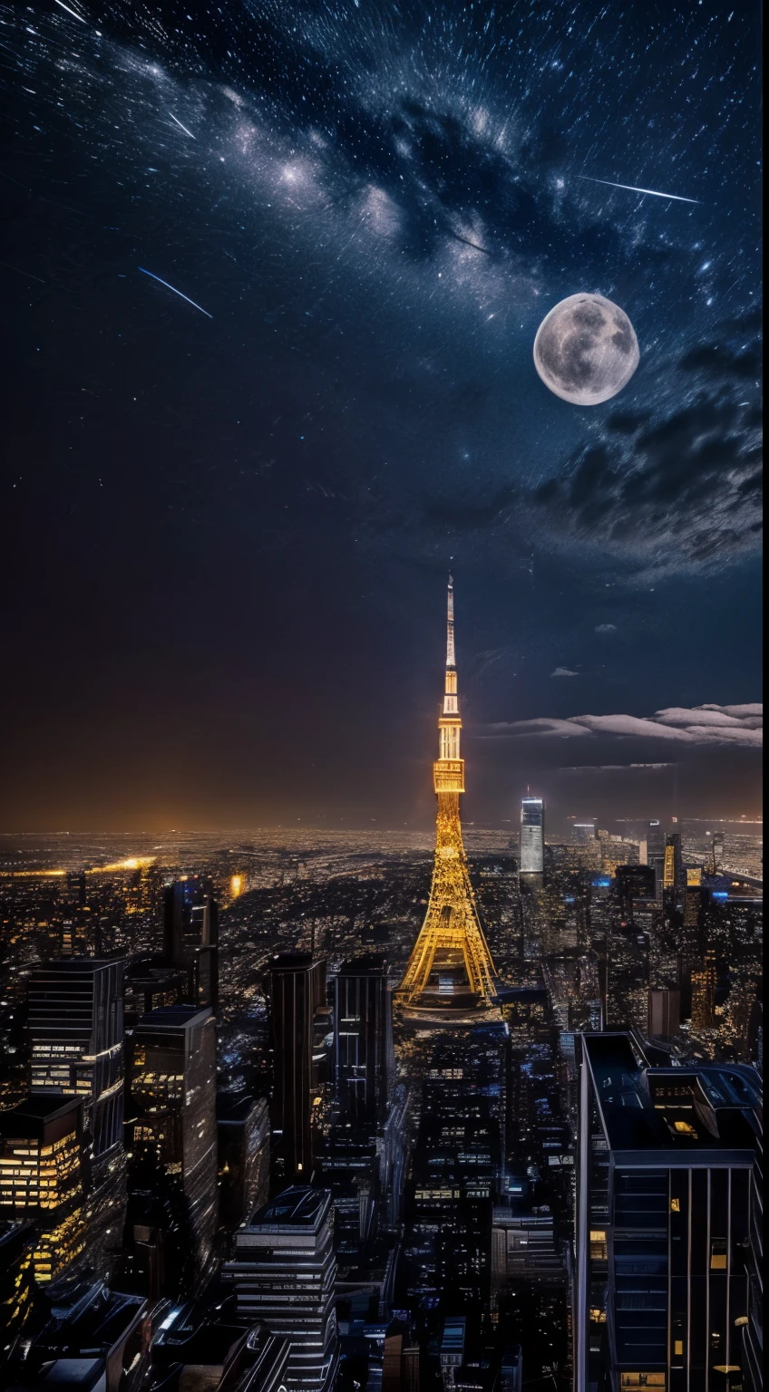 City night sky with full moon and stars, shooting star、Beautiful night view、Crisp night view、Tokyo Tower、Photographic footage、high resolution, night city background, night city background, Against the background of the night city, New York City at night, new york city background, The moon is big in the city, The city that never sleeps, 