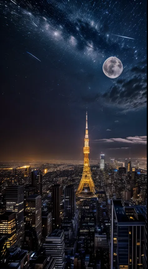 City night sky with full moon and stars, shooting star、Beautiful night view、Crisp night view、Tokyo Tower、Photographic footage、hi...