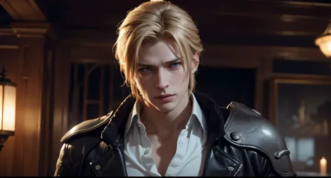 1man, (inadvertently snapshot, closer)  Rufus Shinra,  Rufus Shinra,  Rufus Shinra, blond short hair, narrow his eyes, stern and handsome, Rufus, Final Fantasy VII, intricate, solo focus, realistic, dynamic pose realistic, detailed and correct facial struc...