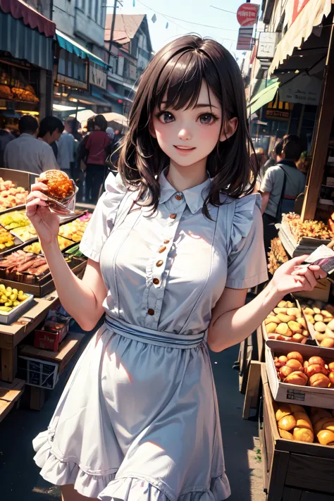 very cute and beautiful girl standing among town market,selling many kind of foods,
(highly detailed beautiful face),cowboy shot...