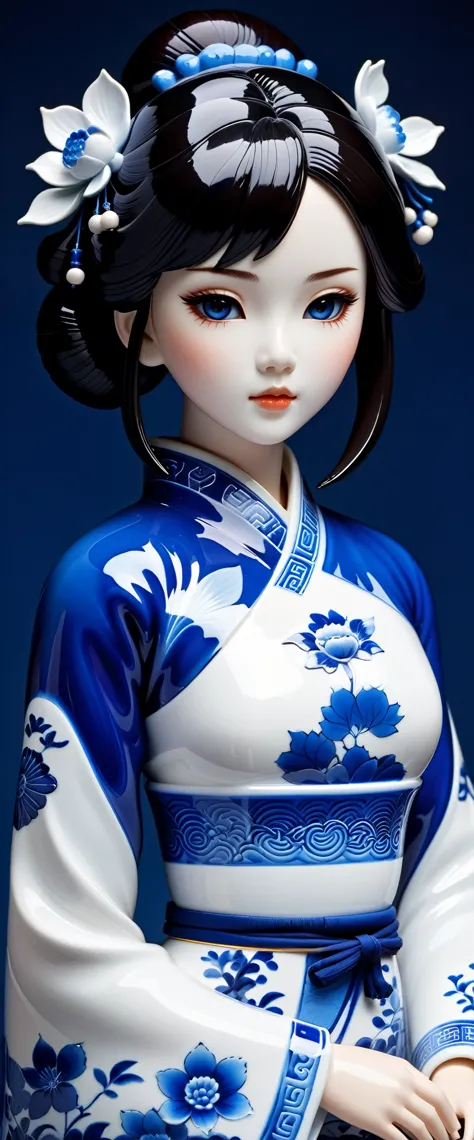 High quality fantasy art, simple background, ceramic Chinese girl doll, (blue and white porcelain) carved high-end porcelain, co...