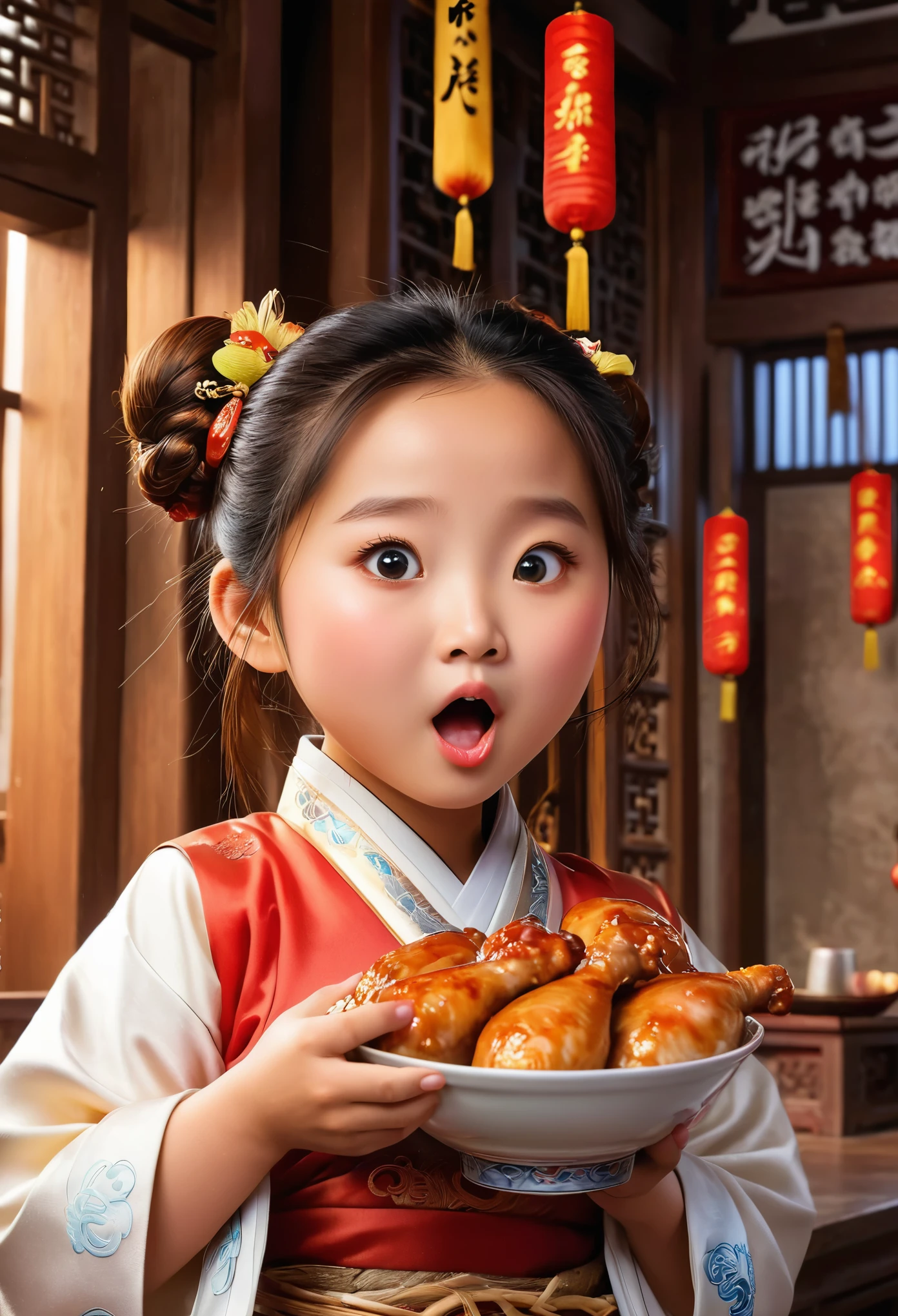 (masterpiece), (best quality), illustration, super detailed, high dynamic range, depth of field, (colorful), ,Xu Lingyin is an online novel《Da Bong beats more people》6 year old chubby girl，Chicken drumstick in hand，Drooling from the corner of the mouth，（Eating chicken legs very happily），Ancient China，Towards the sky braid，The face is very round，small mouth，big eyes，Looks coquettish，Cute personality，Innocent and adorable，Extremely gluttonous，Cartoon，comics，Pixar