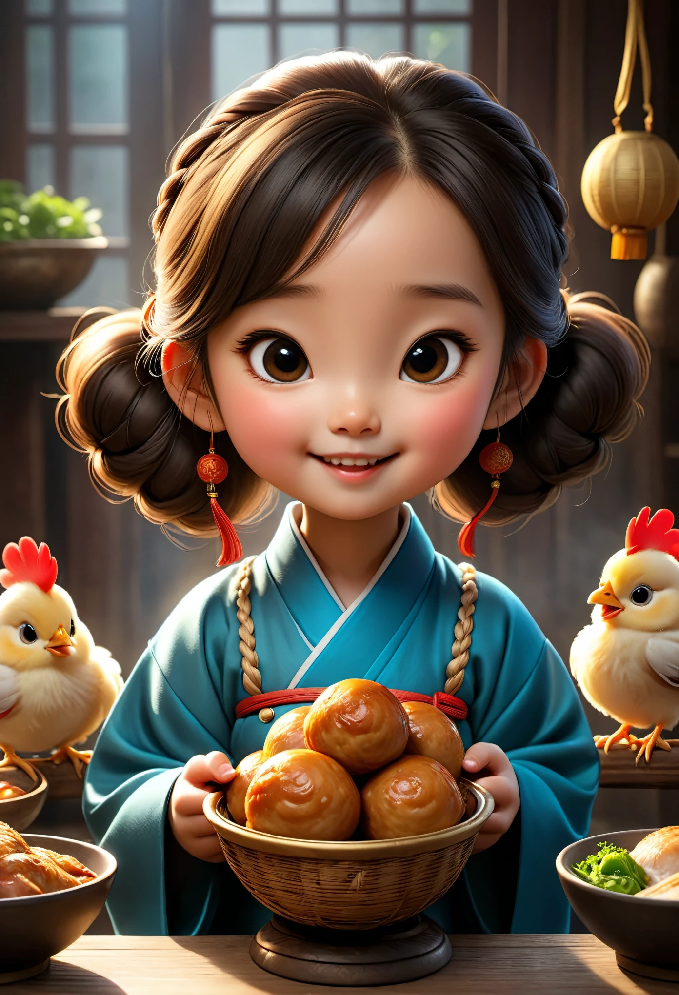 (masterpiece), (best quality), illustration, super detailed, high dynamic range, depth of field, (colorful), ,Xu Lingyin is an online novel《Da Bong beats more people》6 year old chubby girl，Chicken drumstick in hand，（Eating chicken legs very happily），Ancient China，Upturned braided ball head，The face is very round，small mouth，Eyes narrowed to a slit，smiling，Looks coquettish，Cute personality，Innocent and adorable，Extremely gluttonous，Cartoon，comics，Pixar