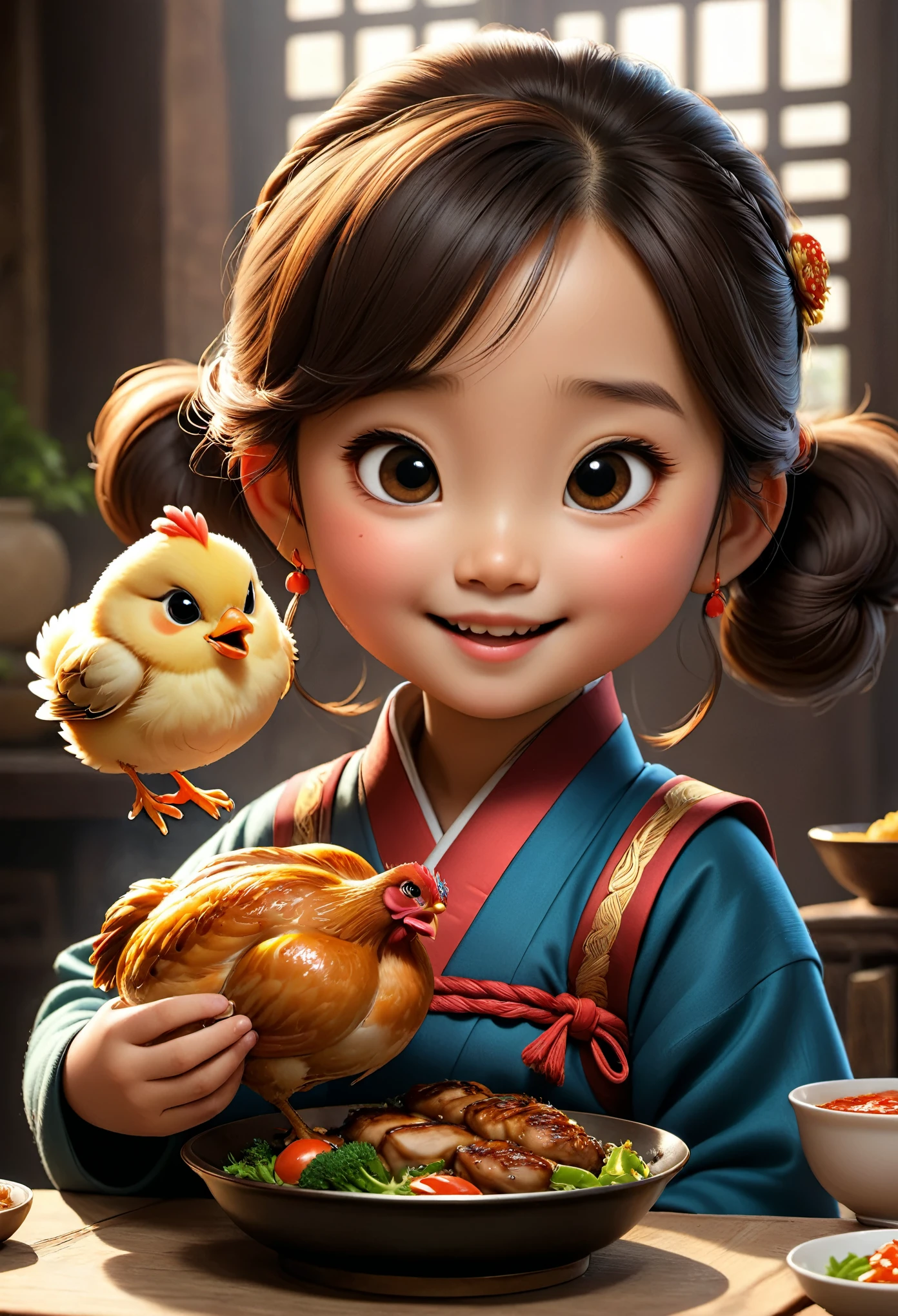 (masterpiece), (best quality), illustration, super detailed, high dynamic range, depth of field, (colorful), ,Xu Lingyin is an online novel《Da Bong beats more people》6 year old chubby girl，Holding a huge grilled chicken leg in hand，（Eating chicken legs very happily），Ancient China，Upturned braided ball head，The face is very round，small mouth，Eyes narrowed to a slit，smiling，Looks coquettish，Cute personality，Innocent and adorable，Extremely gluttonous，Cartoon，comics，Pixar
