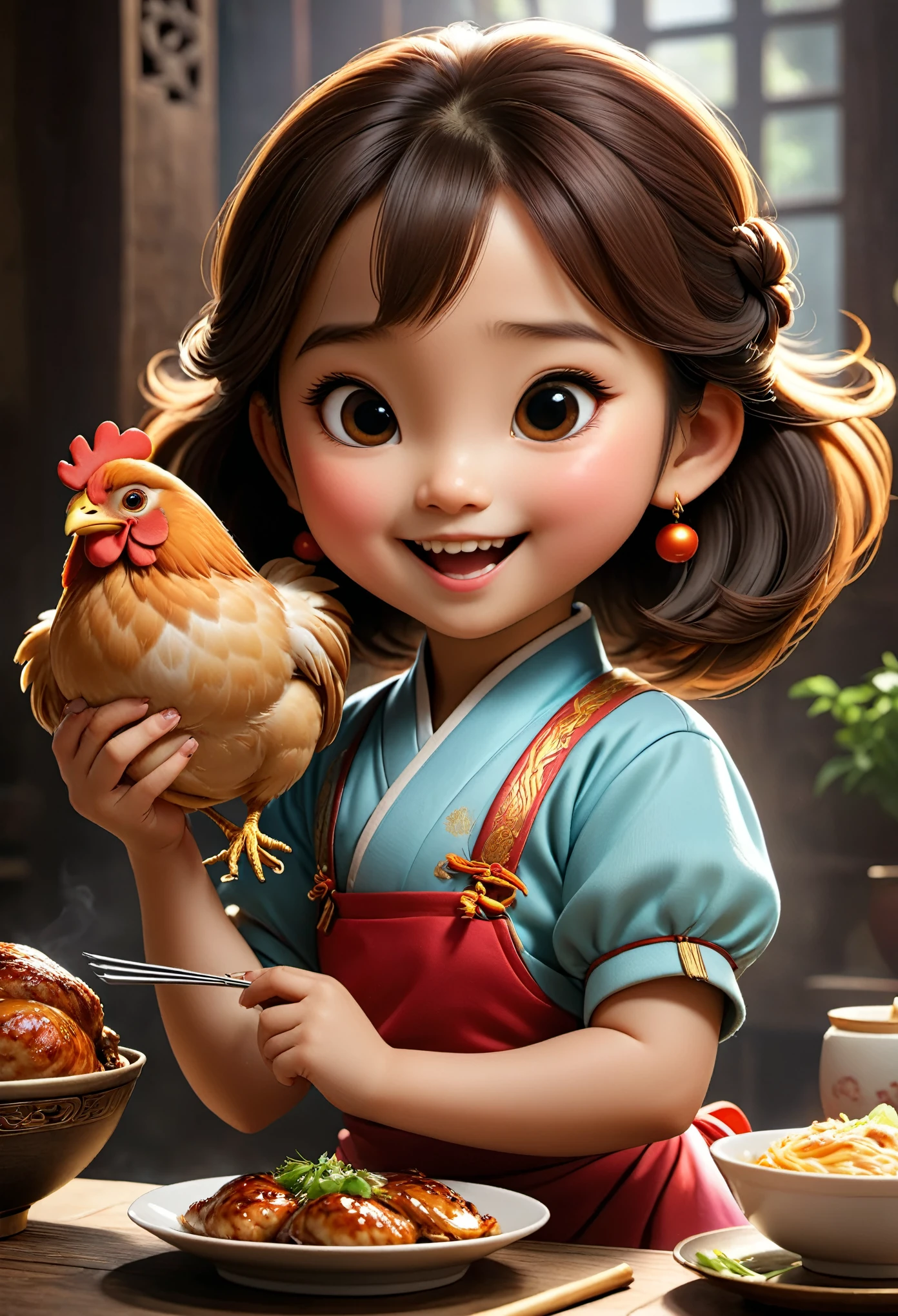 (masterpiece), (best quality), illustration, super detailed, high dynamic range, depth of field, (colorful), ,Xu Lingyin is an online novel《Da Bong beats more people》6 year old chubby girl，Holding a huge grilled chicken leg in hand，（Eating chicken legs very happily），Ancient China，Upturned braided ball head，The face is very round，small mouth，Eyes narrowed to a slit，smiling，Looks coquettish，Cute personality，Innocent and adorable，Extremely gluttonous，Cartoon，comics，Pixar