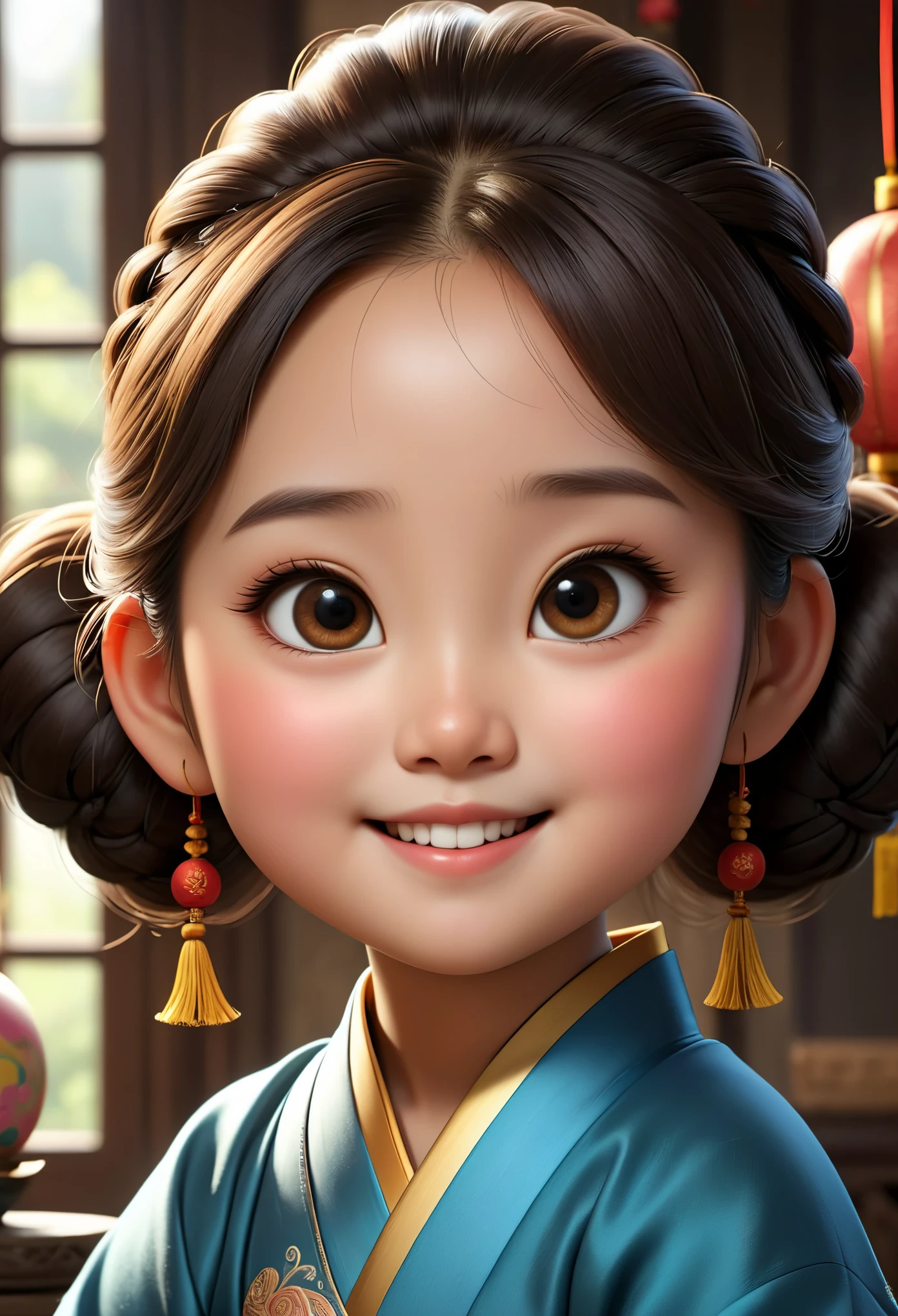(masterpiece), (best quality), illustration, super detailed, high dynamic range, depth of field, (colorful), ,Xu Lingyin is an online novel《Da Bong beats more people》6 year old chubby girl，（being very happy），Ancient China，Upturned braided ball head，The face is very round，small mouth，Eyes narrowed to a slit，smiling，Looks coquettish，Cute personality，Innocent and adorable，Extremely gluttonous，Cartoon，comics，Pixar