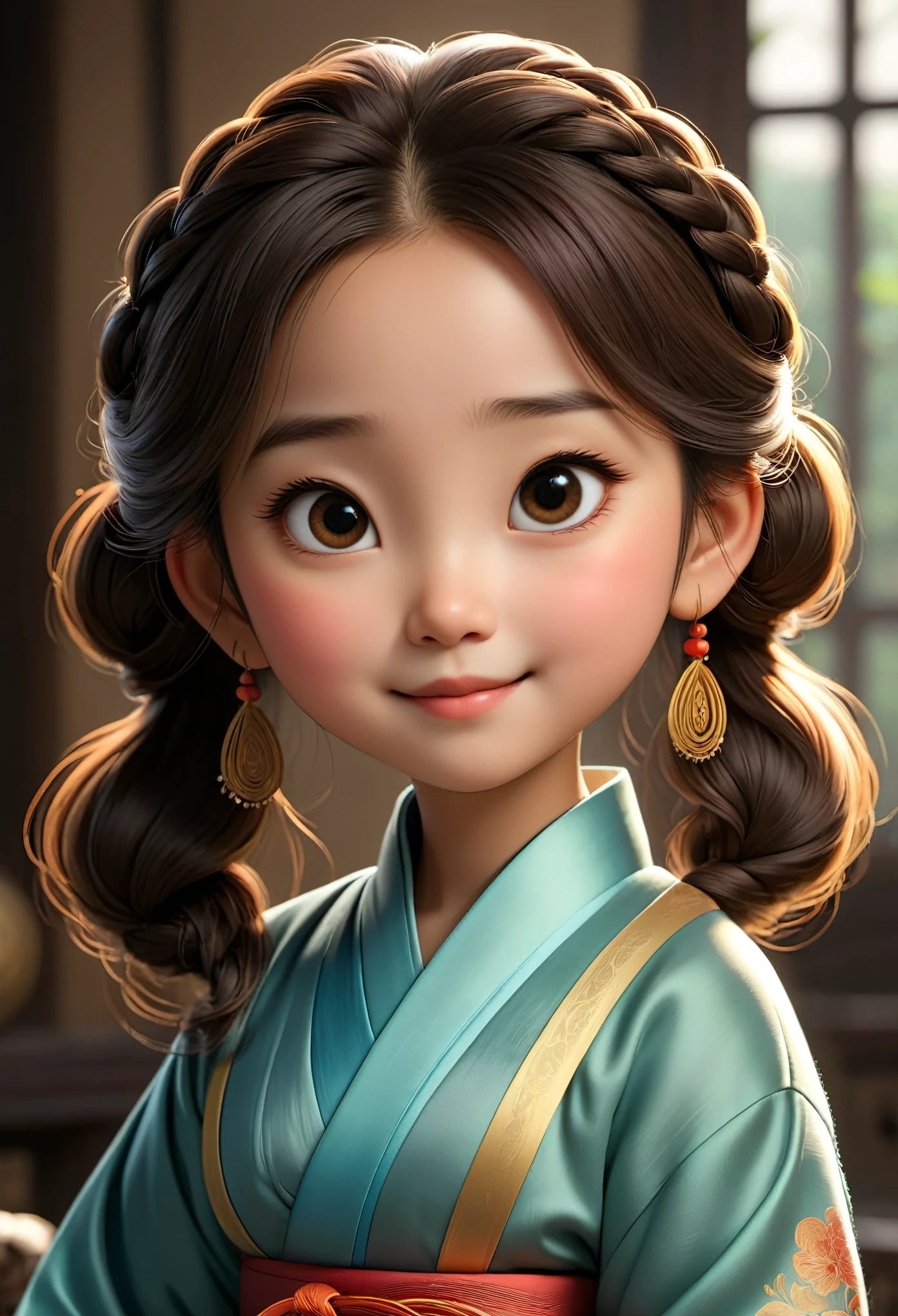 (masterpiece), (best quality), illustration, super detailed, high dynamic range, depth of field, (colorful), ,Xu Lingyin is an online novel《Da Bong beats more people》6 year old chubby girl，（being very happy），Ancient China，Upturned braided ball head，The face is very round，small mouth，Eyes narrowed to a slit，smiling，Looks coquettish，Cute personality，Innocent and adorable，Extremely gluttonous，Cartoon，comics，Pixar