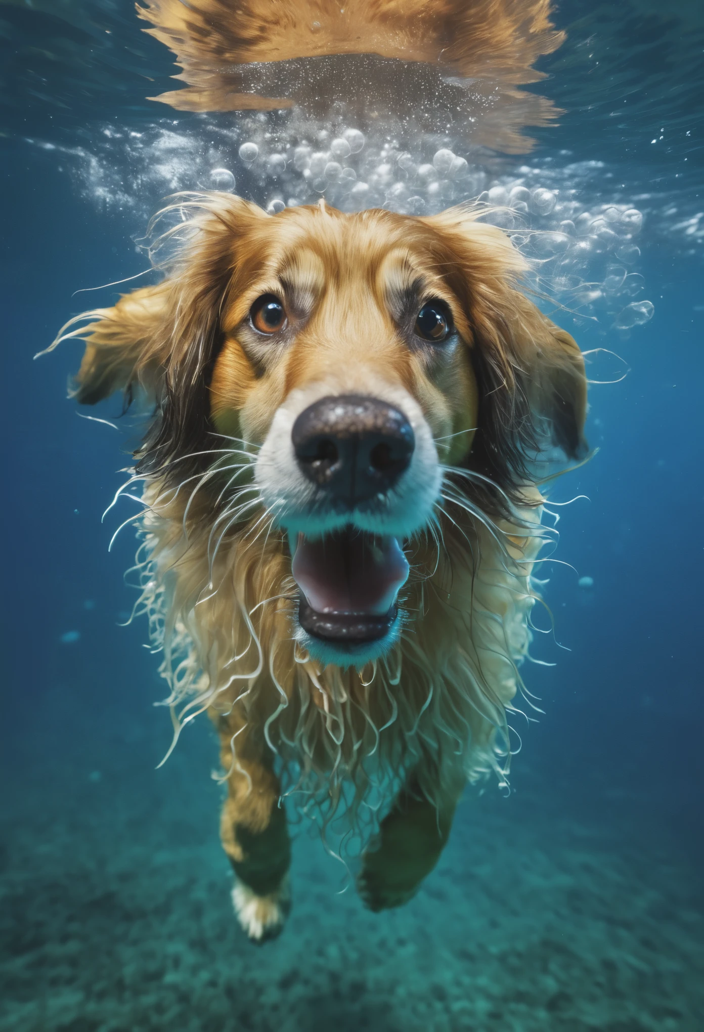 Cachorro longo e peludo nadando, embaixo da agua, mergulhando, Bolhas, alta qualidade,  profundidade de campo, foto ultra detalhada