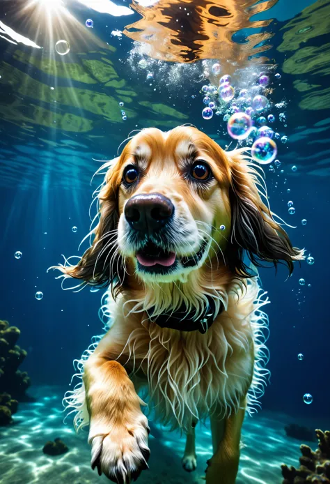 Swimming long hairy dog, underwater, diving, bubbles, high quality,  depth of field, ultra detailed photo