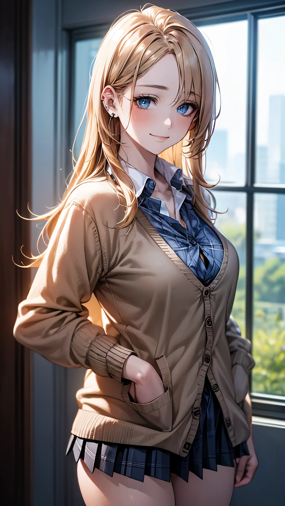(masterpiece:1.2, top-quality), (realistic, photorealistic:1.4), beautiful illustration, (natural side lighting, movie lighting), 
looking at viewer, 1 girl, japanese, high school girl, perfect face, cute and symmetrical face, shiny skin, babyface, 
(long hair, straight hair, sideburns, (blond hair)), swept bangs, blue eyeiddle breasts, seductive thighs, big ass), piercings, 
beautiful hair, beautiful face, beautiful detailed eyes, beautiful clavicle, beautiful body, beautiful chest, beautiful thigh, beautiful legs, beautiful fingers, 
(((brown cardigan, close clothes), white collared shirt, black plaid pleated miniskirt)), 
(beautiful scenery), evening, (caffee shop), standing, (lovly smile, upper eyes), 