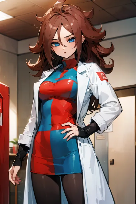 android 21, brown hair girl, lab coat, blue eyes,