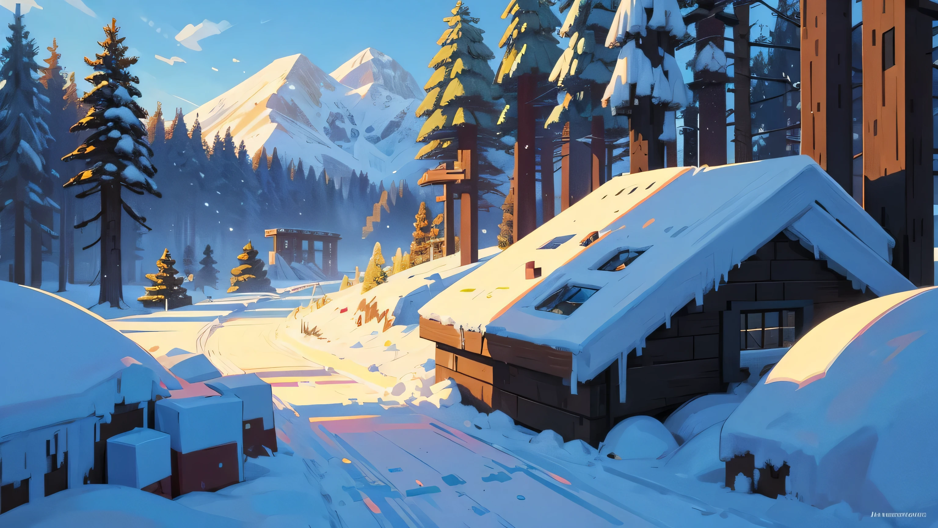 Cozy Minecraft, Sun Ray, Illustration, large-scale winter landscape