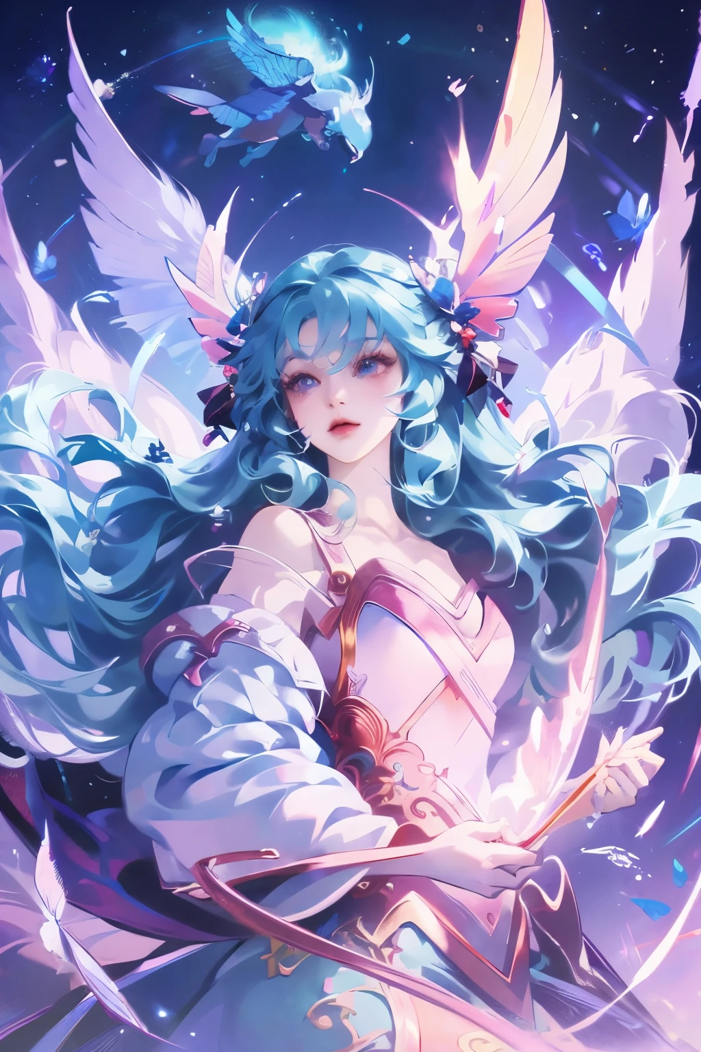 anime girl with butterfly wings and blue dress holding a butterfly, fantasy art style, beautiful character painting, by Yang J, beautiful young wind spirit, beautiful fantasy anime, 8k high quality detailed art, with beautiful wings, beautiful fantasy art, beautiful digital artwork, digital fantasy art ), a beautiful fantasy empress, artwork in the style of guweiz, by Li Song
