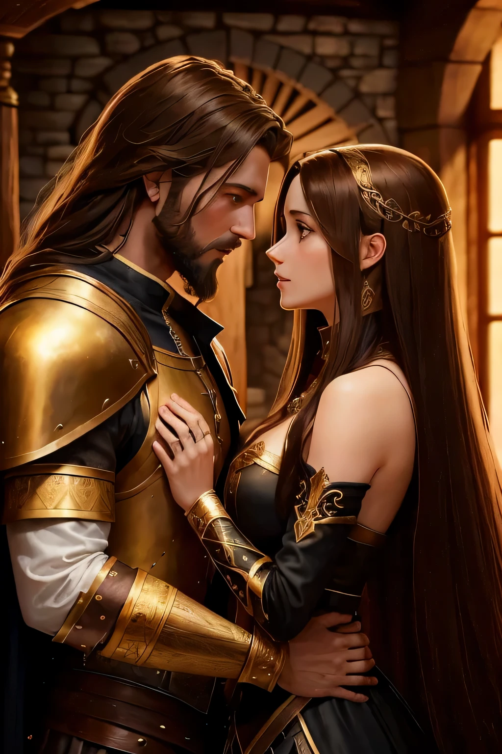 man in golden armor with brown hair and a short beard stands next to a woman with long black hair and a black witch&#39;s dress with details and a black pointy witch&#39;s hat, they are both in a medieval tavern, olhar apaixonado entre eles, estilo de anime realista, melhor qualidade