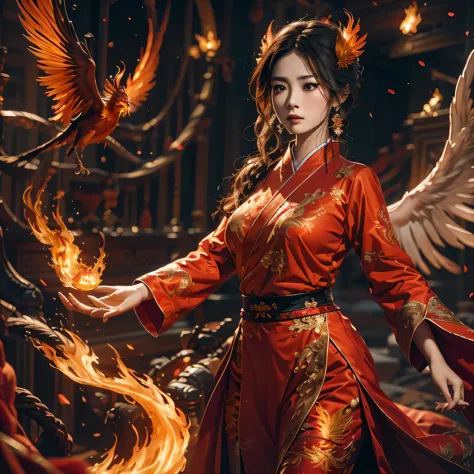 Realistic picture, Masterpiece, Character 1: Asian woman with tied hair. Wearing a fantasy red Chinese martial arts costume, Wit...