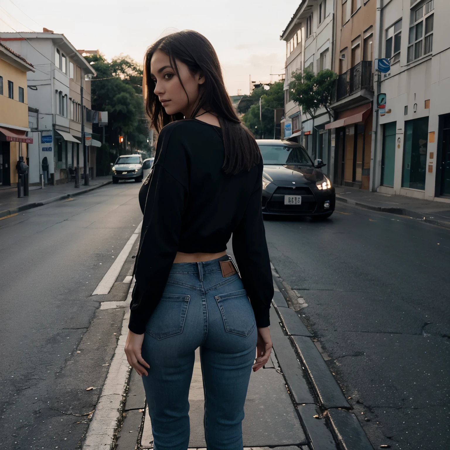 Araffed woman in jeans and a black top standing on a sidewalk - SeaArt AI