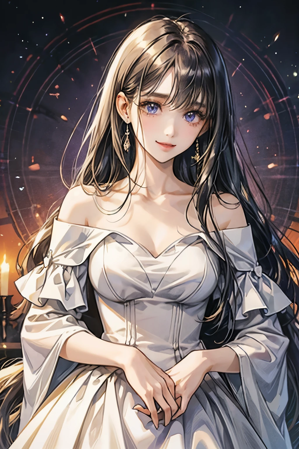 droopy eyes、smile、1 female、straight hair、((long hair girl))、Girl with bangs、detailed face、pretty face、((best image quality))、mole、white dress、Off-the-shoulder dress、off shoulder dress、hair arrangement、half up、simple background、stand、stand女の子、まっすぐstand、1 girl、purple eyes、Duck mouth、kind face
