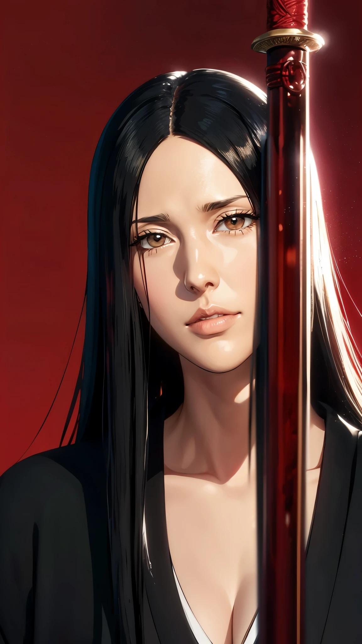 （（（Perfect figure，figure，（（（bleach，black Japanese clothing, red eyes,Unohana））），S-shaped figure:1.7））），((masterpiece)),high resolution, ((Best quality at best))，masterpiece，quality，Best quality，（（（ Exquisite facial features，looking at the audience,There is light in the eyes，Happy，nterlacing of light and shadow，））），（（（looking into camera，red background，Blood，holding sword，Holding the Blood red sword）））