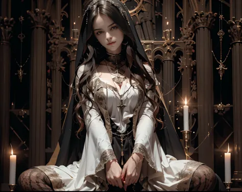 a black-haired Gothic woman in black underwear sits in a church with candles, a Gothic cathedral behind her, a beautiful succubu...