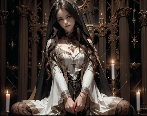 a black-haired gothic woman in black underwear sits in a church with candles, a gothic cathedral behind her, a beautiful succubu...