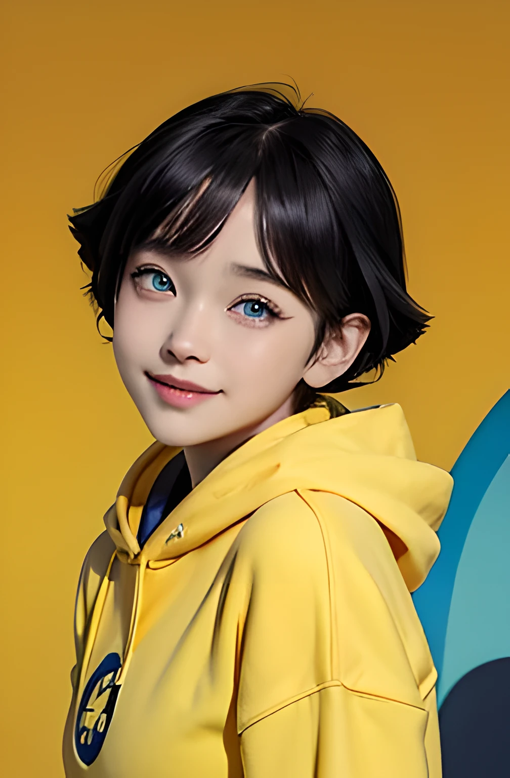 high res, highly detail, masterpiece, best quality, 1girl, solo, Uzumaki Himawari, beautiful detailed smile, short black hair, blue eyes, yellow hoodie, Konoha background, face cat marking, looking at viewer, idle